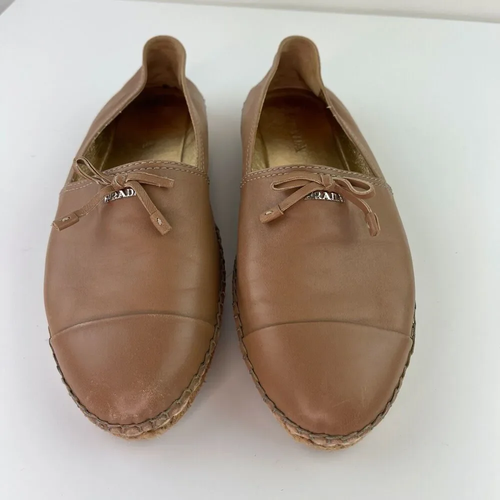 PRADA Light Brown Beige Leather Bows Trim Espadrilles Shoes Women’s 39.5 CLASSIC